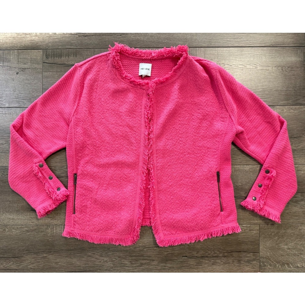 NIC+ZOE Pink Tweed Fringe Open Front Knit Jacket Cardigan‎ Womens Large L